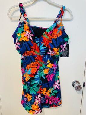 New Swimsuits For All tropical floral swimdress 2 piece tankini swim suit sz 16